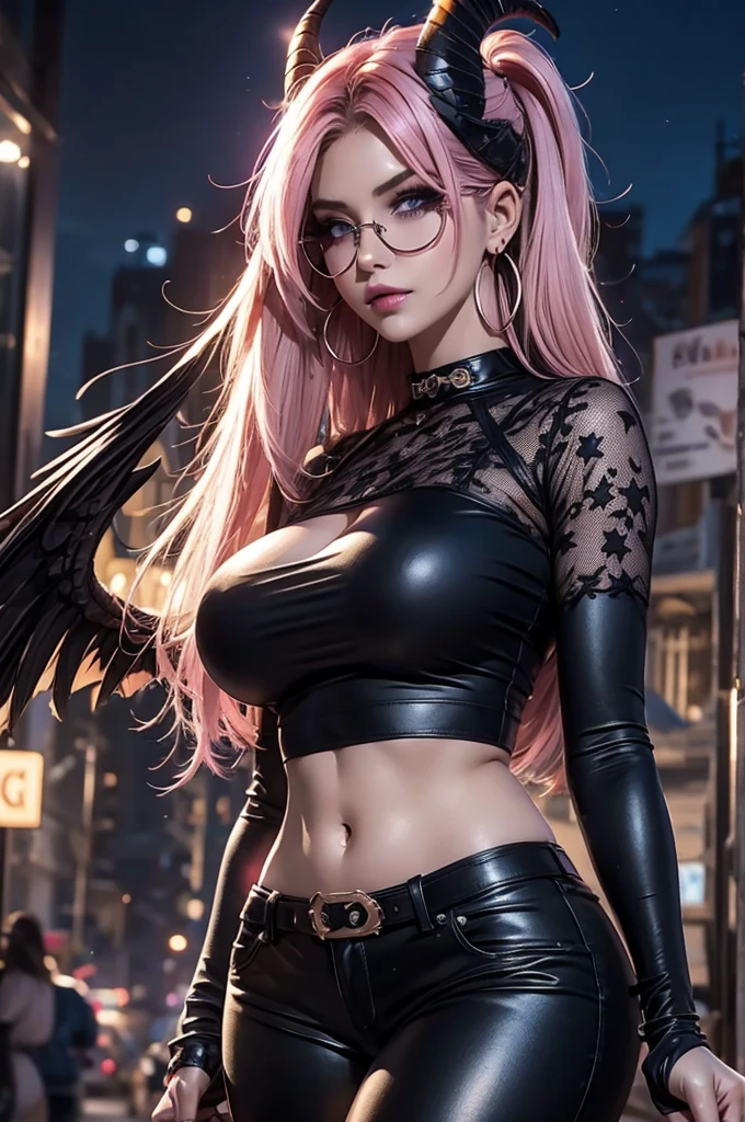 morrigan_Aensland, Hermoso rostro, Ojos rosados, ojos amorosos, demonio, juntos, cara estricta, evil sonrisa,siendo realista，Chica de 22 años，rubia corta、Gran cuerpo, lenceria sexy encaje negro ,ojos perfectos, manojos de pelo、very very pelo largo, cabello ultradetallado, cuerpo de nailon sexy, Senos agrandados、 Gran cuerpo, rubio, mujer 1.90 cm,cola de caballo, ((pelo sobre los ojos)),boca perfecta, oppai de gran rebote masivo, piel mojada, (obra maestra, mejor calidad:1.2), 1 chica, solo, Fondo de la ciudad, bruma \(fortnite\), Harpy Haze de fortnite, 1 chica, pendientes, anteojos, tiene, joyas, labios, pelo largo, mirando al espectador, constituir, esmalte de uñas, Ojos rosados, Cabello rosado, uñas rosas, sonrisa, sunanteojos, gafas teñidas, cinturón, black pantalones, top corto, sombra, diafragma, ombligo, pantalones, Gargantilla, uñas, gafas redondas, sharp uñas, de pie, black plumas, sombreros negros, hoop pendientes, sombreros con cuernos, cuernos, denim, brazos alados, adorno de plumas, estrella \(símbolo\), guantes de codo, dark pink labios, plumas, tacones, zapatos, angel alas, brazalete, black alas, top corto overhang, feathered alas, arpía, low alas, pelo multicolor, multicolored alas, pink alas, alas, Guantes sin dedos, camisa, long uñas, boater tiene, bootcut pantalones, leather pantalones, mangas, black mangas,oppai de gran rebote masivo,oppai de gran rebote masivo,oppai de gran rebote masivo,
