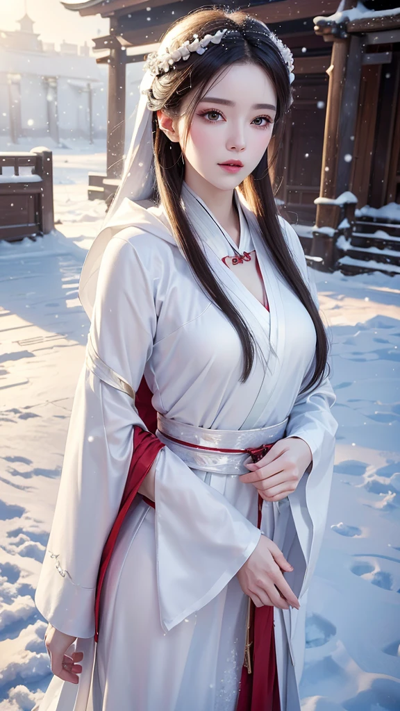 masterpiece, best quality, realistic, 8k, official art, cinematic light, ultra high res, 1girl, day, sunlight, light on face, (white hanfu), (Winter hanfu:1.2), (cloak:1.2), (snow:1.3),(upper body)
 French twist, jewelry ,necklace , Appalachian, 2 hands 