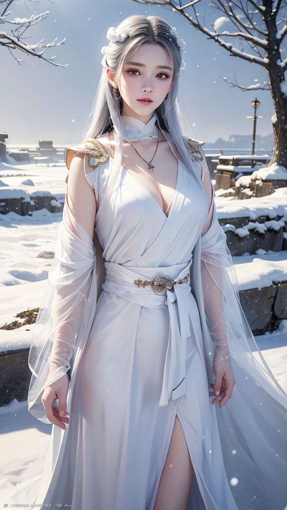 masterpiece, best quality, realistic, 8k, official art, cinematic light, ultra high res, 1girl, day, sunlight, light on face, (white hanfu), (Winter hanfu:1.2), (cloak:1.2), (snow:1.3),(upper body)
 French twist, jewelry ,necklace , Appalachian, 2 hands 