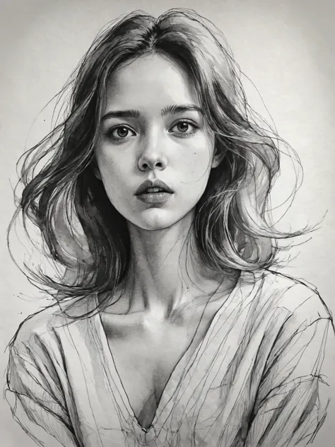 Black and white sketch girl，Expressive
