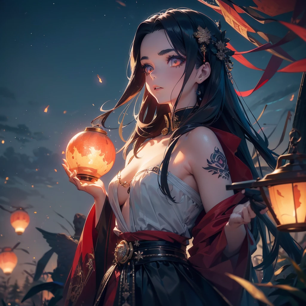 1 bel ange noir ancien, Tatouage,  HD, 8k, Moteur irréel, visage proche, Kimetsu no Yaiba, Au milieu du ciel crépusculaire, les lucioles dansent dans un spectacle fascinant, jeter un sort magique sur le monde., tendance sur artstation, netteté, photographie en studio, détails complexes, très détaillé, lune rouge, météore, 8k HD Moteur irréel, rêveur, glacial, lanternes volantes 