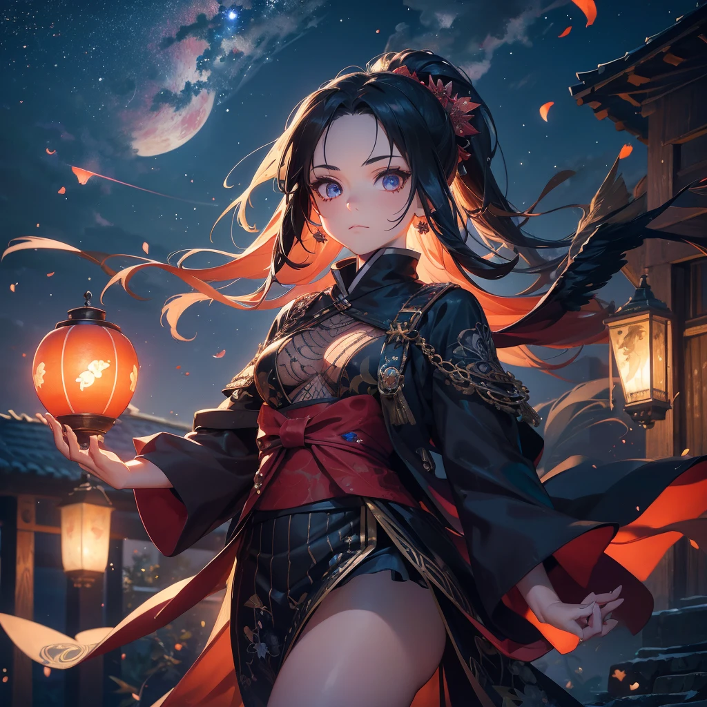 1 bel ange noir ancien, Tatouage,  HD, 8k, Moteur irréel, visage proche, Kimetsu no Yaiba, Au milieu du ciel crépusculaire, les lucioles dansent dans un spectacle fascinant, jeter un sort magique sur le monde., tendance sur artstation, netteté, photographie en studio, détails complexes, très détaillé, lune rouge, météore, 8k HD Moteur irréel, rêveur, glacial, lanternes volantes 