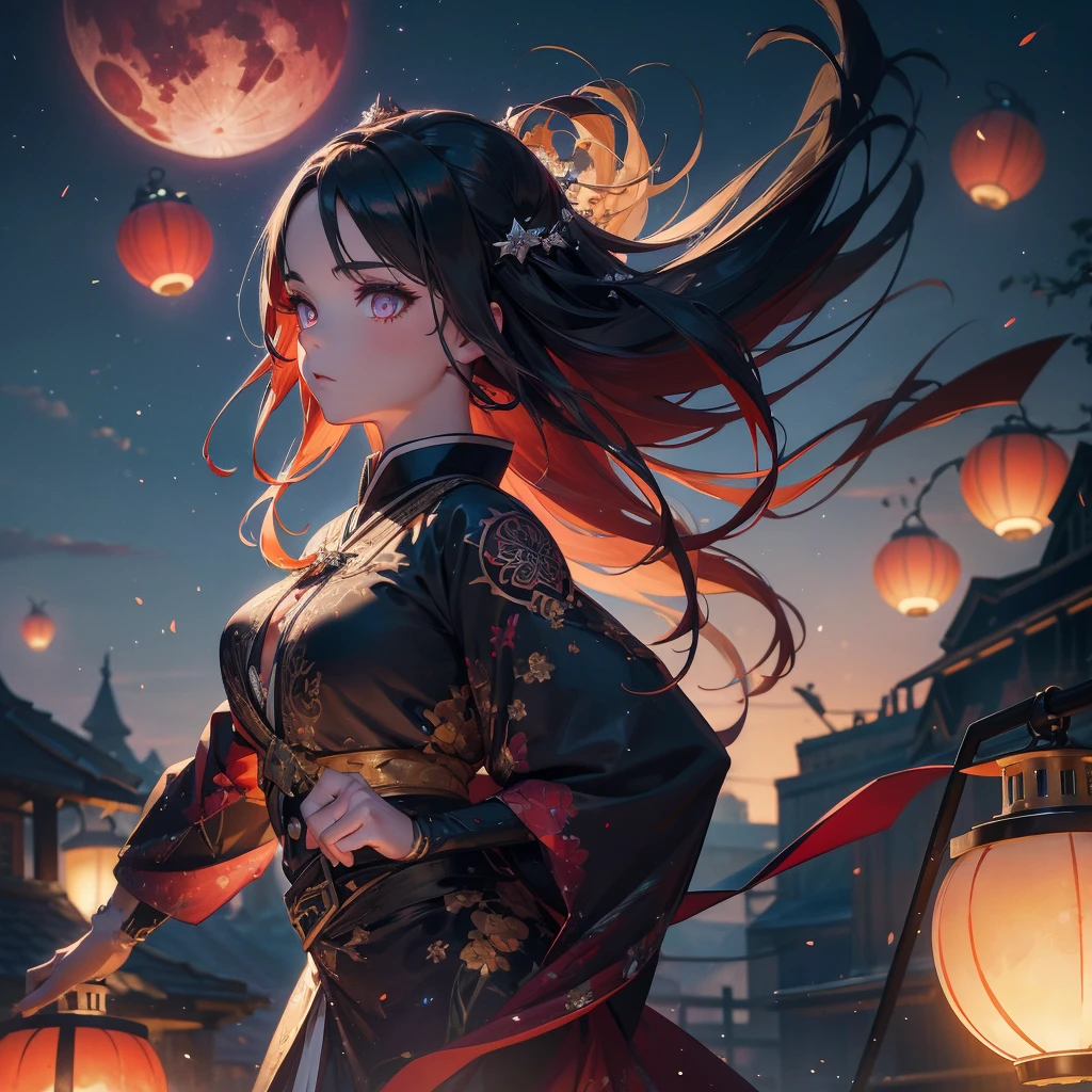 1 bel ange noir ancien, Tatouage,  HD, 8k, Moteur irréel, visage proche, Kimetsu no Yaiba, Au milieu du ciel crépusculaire, les lucioles dansent dans un spectacle fascinant, jeter un sort magique sur le monde., tendance sur artstation, netteté, photographie en studio, détails complexes, très détaillé, lune rouge, météore, 8k HD Moteur irréel, rêveur, glacial, lanternes volantes 