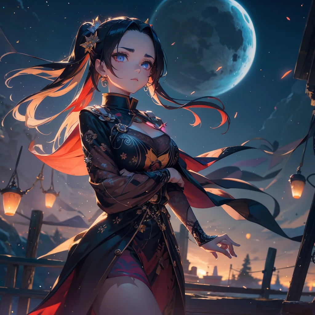 1 bel ange noir ancien, Tatouage,  HD, 8k, Moteur irréel, visage proche, Kimetsu no Yaiba, Au milieu du ciel crépusculaire, les lucioles dansent dans un spectacle fascinant, jeter un sort magique sur le monde., tendance sur artstation, netteté, photographie en studio, détails complexes, très détaillé, lune rouge, météore, 8k HD Moteur irréel, rêveur, glacial, lanternes volantes 