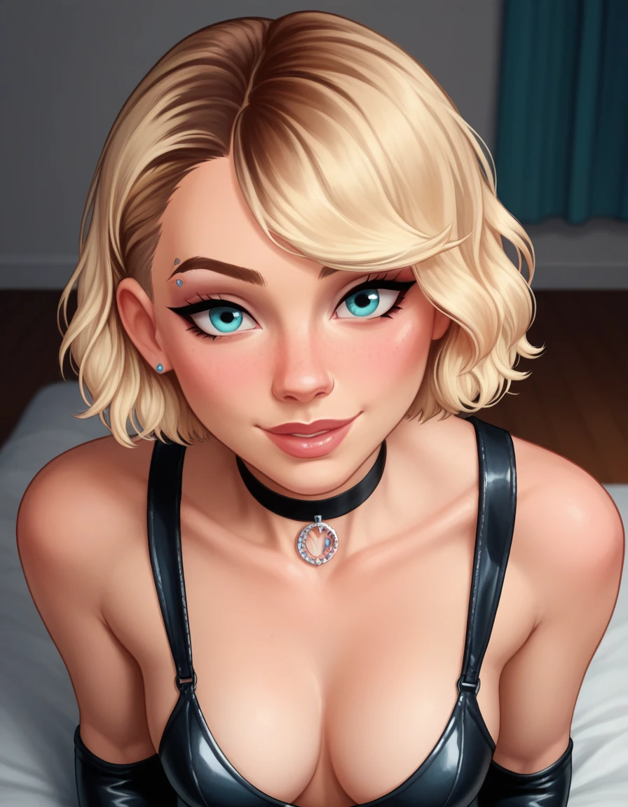 comic storyboard, (short hair Gwen Stacy:1.2), exuding elegance and confidence in (leather bodysuit and choker:1.1). Her flawless complexion and radiant smile captivate the viewer, embodying grace and style. The photo is set in her bedroom where she is (performing sexy poses:1.3). The composition is a high angle shot, showcasing the woman's fashionable ensemble and poised demeanor. Soft, natural lighting highlights her features with a subtle glow.