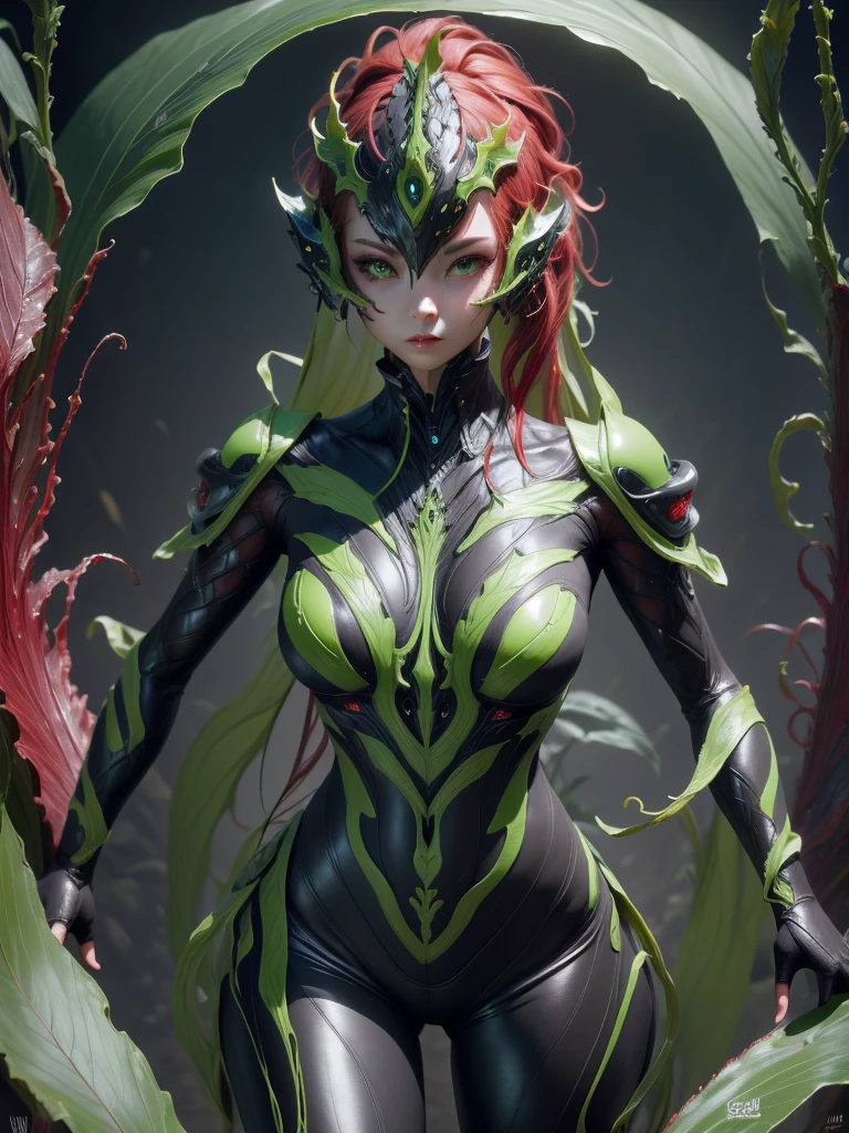 Beautiful girl fused with a Nepenthes. (High quality) （black and Green image color）. body suit. cyber style. Circuit pattern. Biological Armor. Biological helmet. eye mask. Red ling hair 