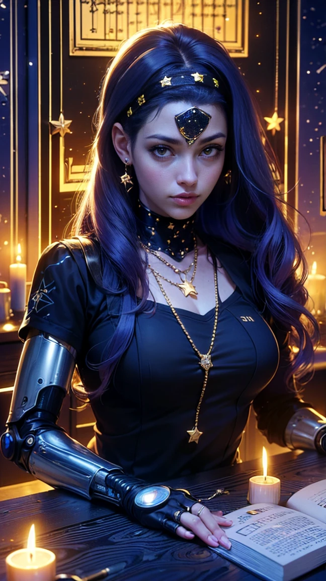 top quality, future world, State-of-the-art robot, Beautiful Woman, flying hair, Transformed into a cyborg except for the face, sexy images, whole body photo, ((Astrologer, star signs ring on table, Horoscope,candles, star signs book, star headband, star necklaces ))