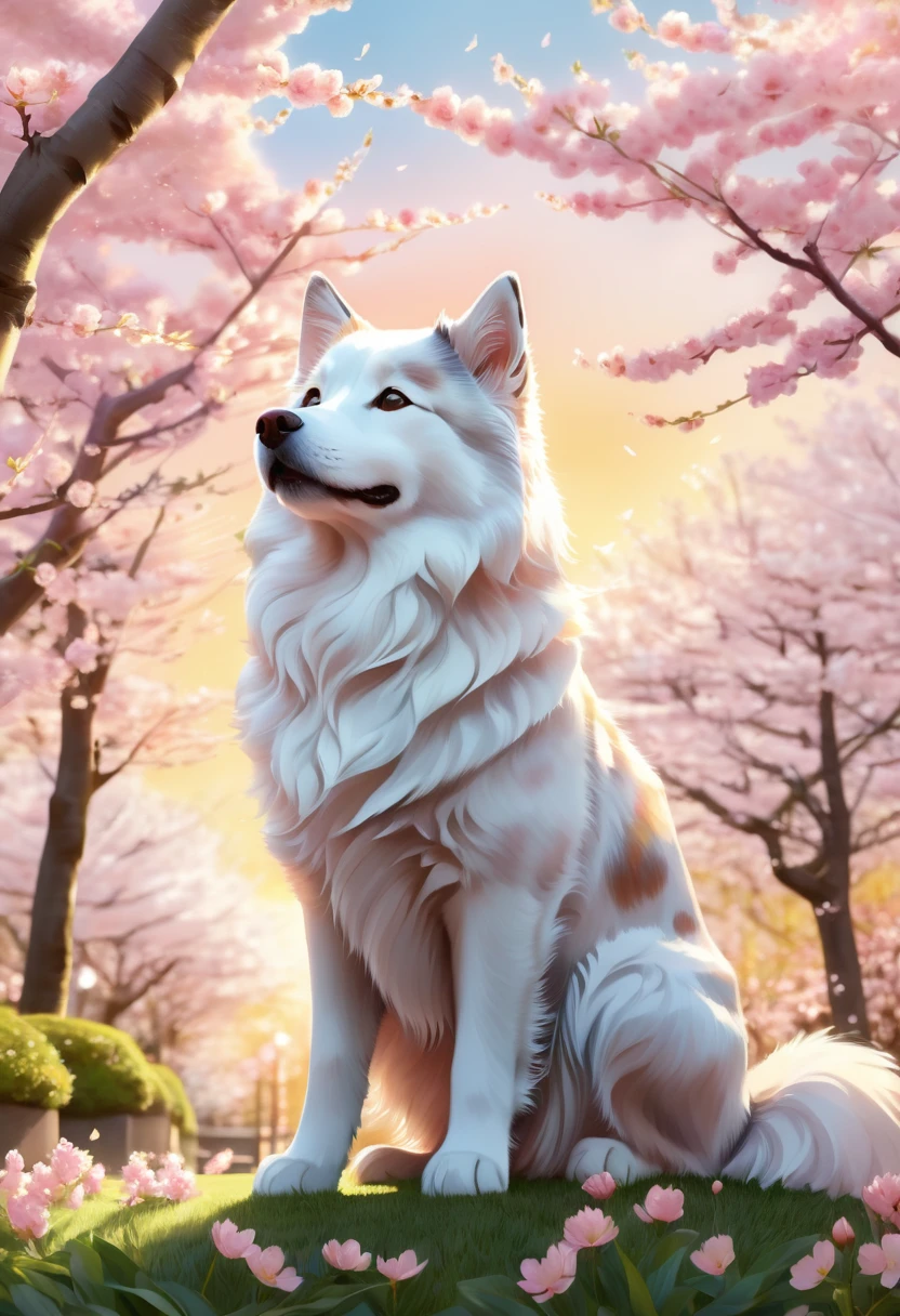 A whimsical digital illustration of Hachiko sitting loyally in the same spot, set against a vibrant backdrop of cherry blossom-laden trees in full bloom, as the warmth of spring radiates with soft, golden light. Delicate petals dance in the gentle breeze, as Hachiko's fur ruffles slightly, his big brown eyes shining with unwavering hope. Pastel hues of pink, peach, and mint mingle with lush greens, evoking a sense of sweetness and innocence, while subtle texture and brushstrokes evoke a sense of nostalgia and tender storytelling.