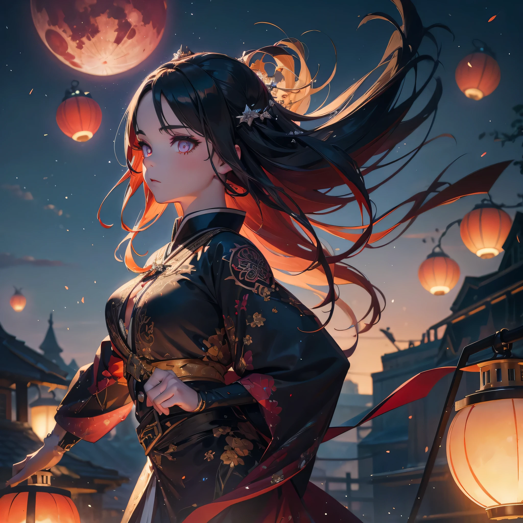 1 beautiful ancient dark angel, tattoo,  hd, 8k, unreal engine, close face, kimetsu no Yaiba, Amidst the twilight sky, fireflies dance in a mesmerizing spectacle, casting a magical spell on the world., trending on artstation, sharp focus, studio photo, intricate details, highly detailed, red moon, meteor, 8k hd unreal engine, dreamy, frosty, flying lanterns 