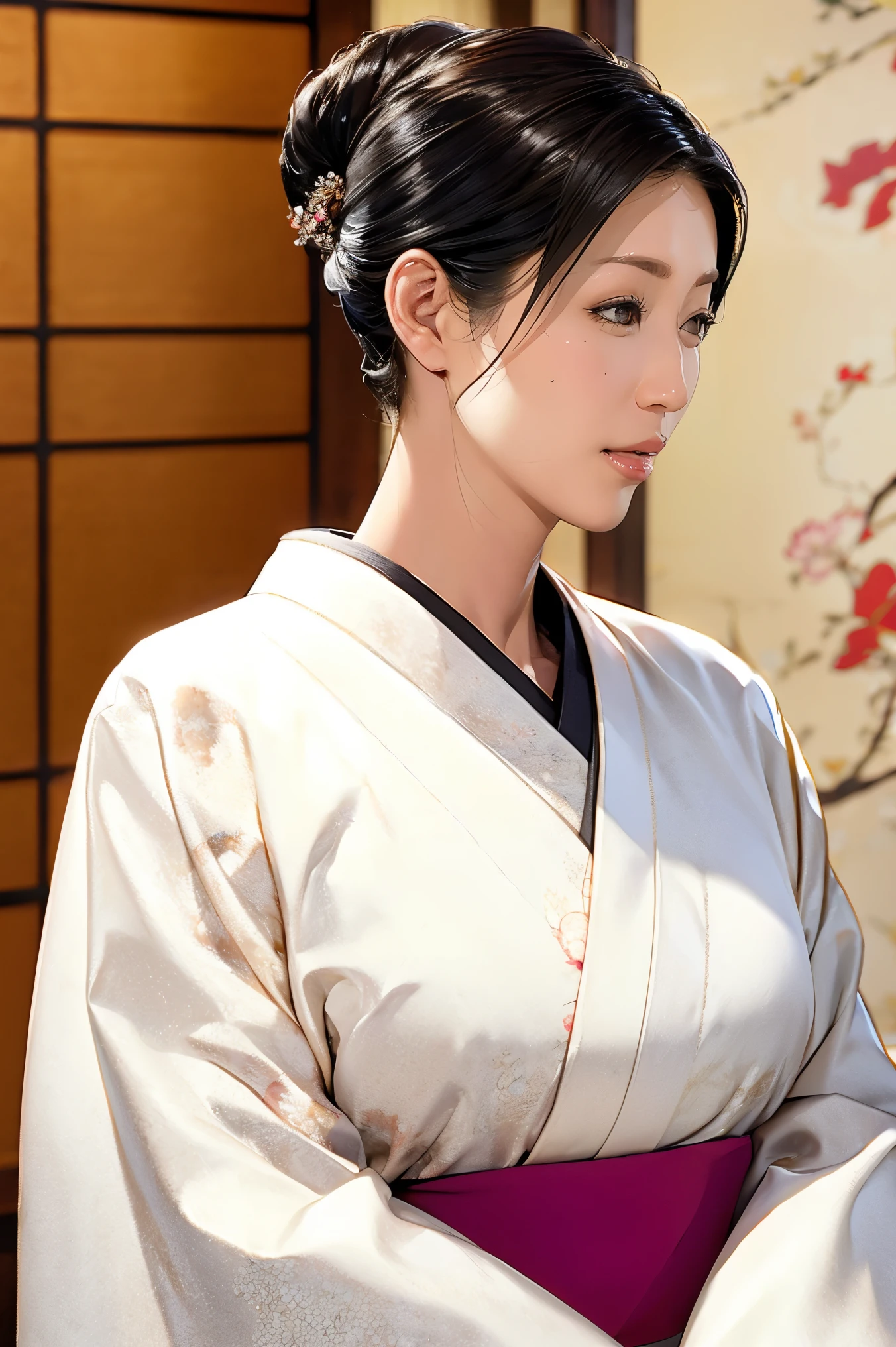 (Highest quality、Tabletop、8K、Best image quality、Award-winning works)、(1 Beautiful Mature Woman:1.1)、(Innkeeper:1.1)、(Elegant white floral kimono:1.2)、(A kimono with a perfect and accurate collar:1.2)、Perfect Mature Woman Portrait Photo、Glowing Skin、Standing Elegantly、(Blurred elegant and elaborate perfect Japanese style room background:1.3)、(The most natural and perfect tidy Japanese-style room background:1.2)、(Elegant and luxurious Japanese style room background:1.1)、Glowing White Skin、Very white skin、(Accentuate your body lines:1.1)、(The most elegant posture:1.2)、(Large Breasts:1.2)、(Chignon:1.2)、(Voluptuous body:1.2)、(Accurate anatomy:1.4)、(A smile staring at me:1.3)、(Stand classy:1.3)