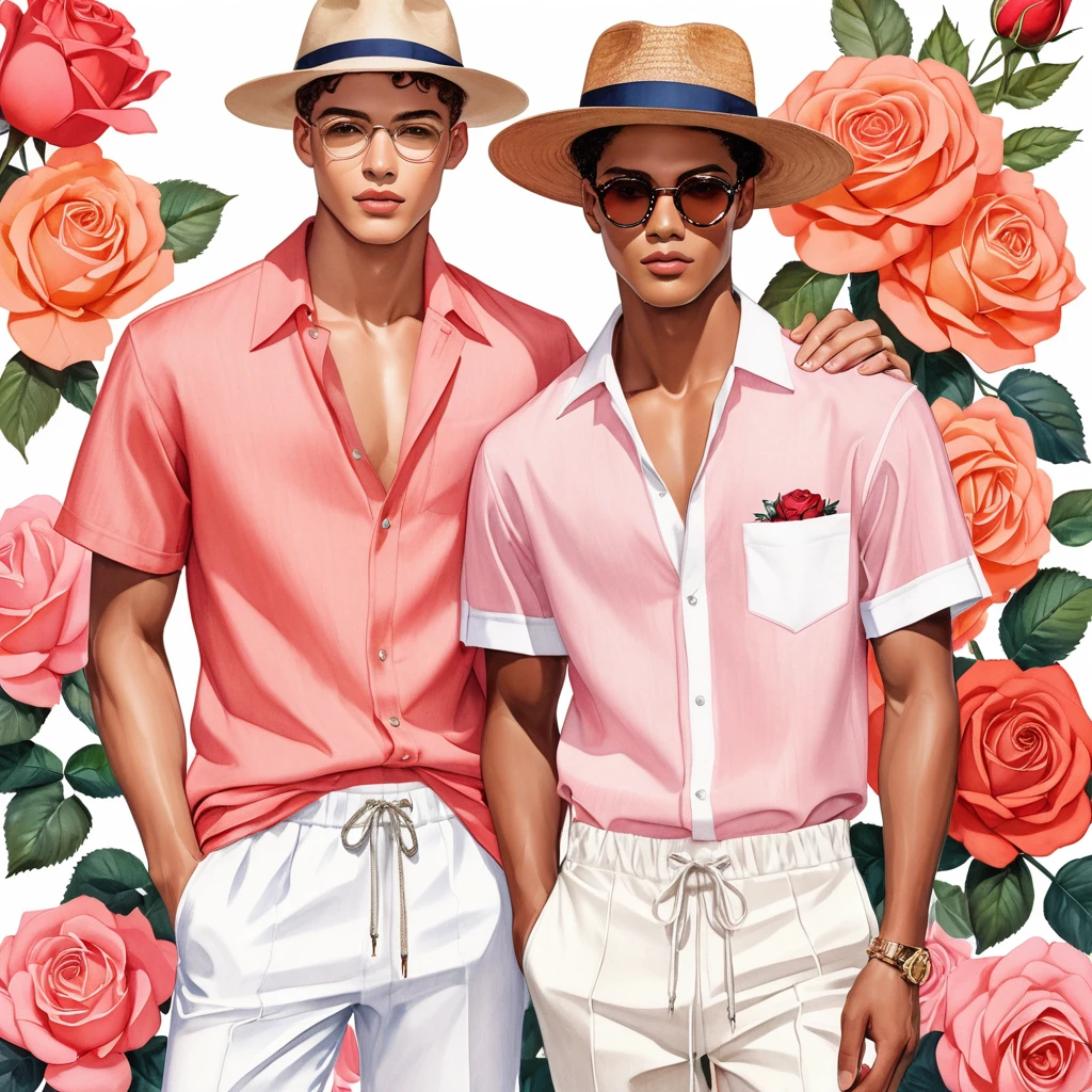 candid fashion illustration of young Mixed race 2man, both aged 18-23 year old, ((showcase fashion look book in linen outfits)), the design inspired by Boscobel Rose by David Austin Rose, in elegant chic style. The man wears an oversized short-sleeved shirt with a minimal rose embroidery details, paired with relaxed-fit white Short with Drawstring, He completes his look with white sneakers and round glasses. The boyfriend complements him in a  skinny fitted speedo in a stripe pattern, semi bulge, He resemble includes an accessorizes with a brimmed straw hat and white sneakers, Captured in a low angle, ((full-body image)), ((roses motifs background)), fashion sketching, realistic drawing, ((imperfect water color drawing background)), fashion look book, fashion illustrator, fashion sketch design, gay, gay couple, Boscobel Rose, Coral-pink, rich coral-pink color. The flowers start as red buds and gradually open to a lovely salmon color, which can vary from deep pink to a more orange or apricot hue,