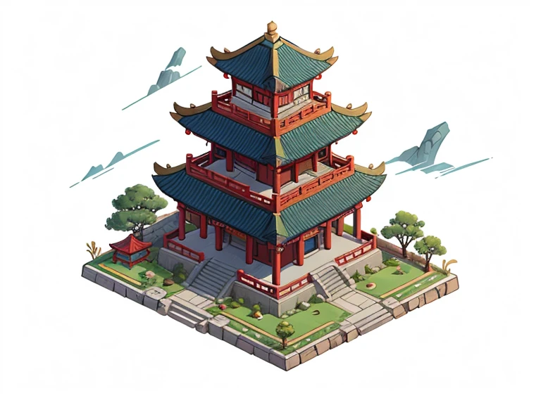 Isometric Chinese style building，rock，Chinese painting，