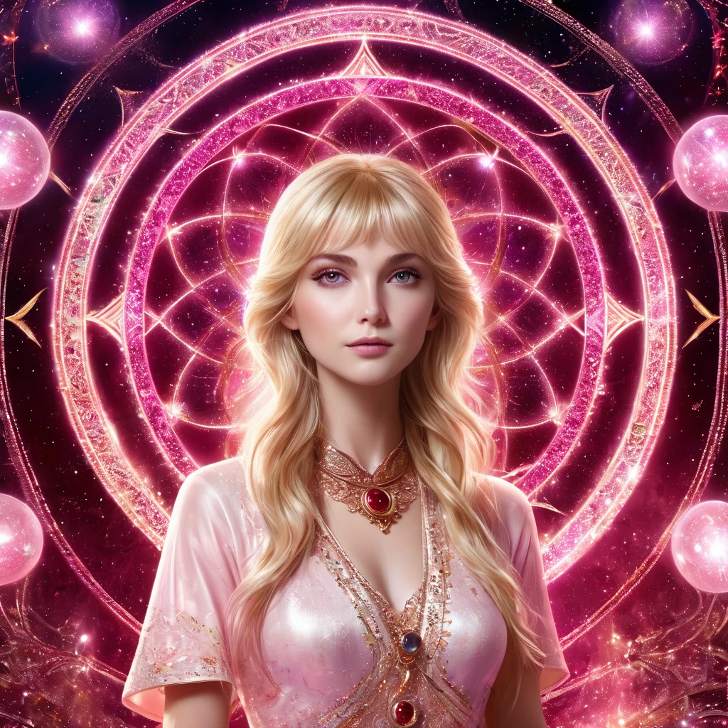 Astrologer, Blondes Haar, bangs, 1 Mädchen, rosa Augen, lange Haare, Betrachter betrachten, rote Augen, gesträhntes Haar, beste Qualität, Meisterwerk, gute Qualität, extrem detailliertes CG Unity 8k-Hintergrundbild, zarter Hintergrund, leuchtende Partikel, komplexe Details, heilige Geometrie, Horoskop Kreis leuchtend, Sternzeichen, Tarotkarte,