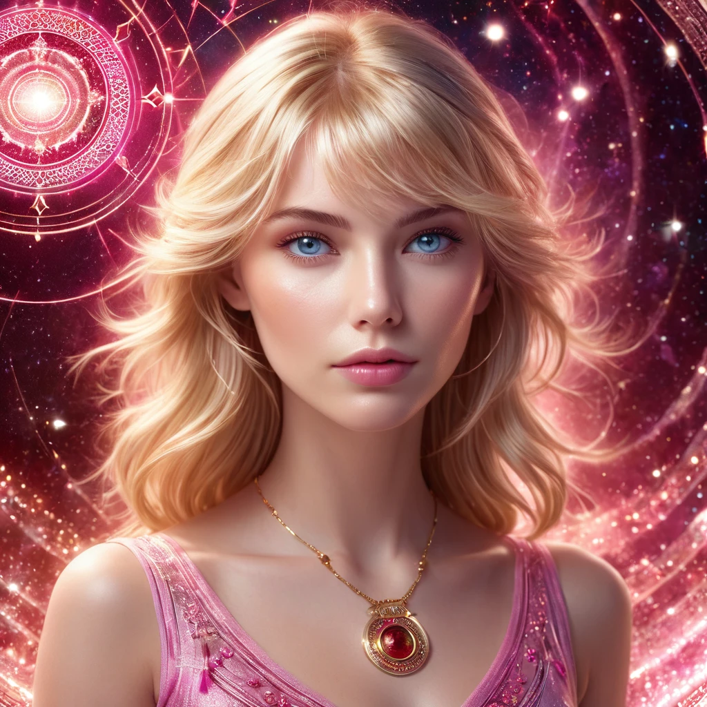 Astrólogo, cabelo loiro, franja, 1 garota, Olhos rosa, cabelo longo, olhando para o observador, olhos vermelhos, cabelo manchado, melhor qualidade, obra de arte, alta qualidade, papel de parede CG unity 8k extremamente detalhado, Fundo delicado, Partículas Luminosas, Detalhes complexos, geometria sagrada, círculo do horóscopo brilhando, Signos do zodíaco, carta de tarô,