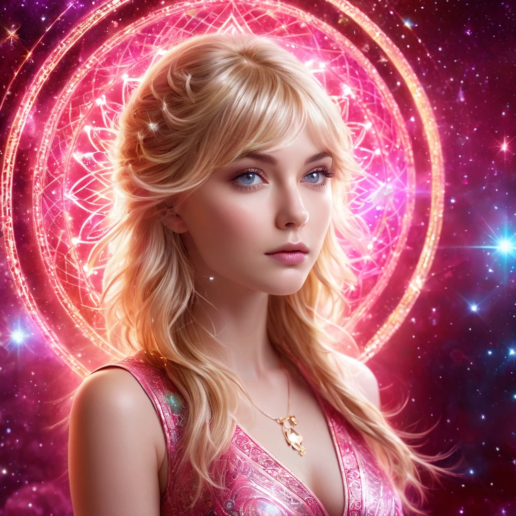 Astrologer, Blondes Haar, bangs, 1 Mädchen, rosa Augen, lange Haare, Betrachter betrachten, rote Augen, gesträhntes Haar, beste Qualität, Meisterwerk, gute Qualität, extrem detailliertes CG Unity 8k-Hintergrundbild, zarter Hintergrund, leuchtende Partikel, komplexe Details, heilige Geometrie, Horoskop Kreis leuchtend, Sternzeichen, Tarotkarte,