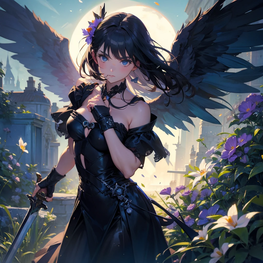 ange noir embrassant des fleurs et une épée