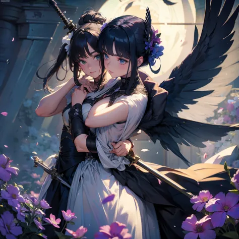 dark angel kissing flowers and sword
