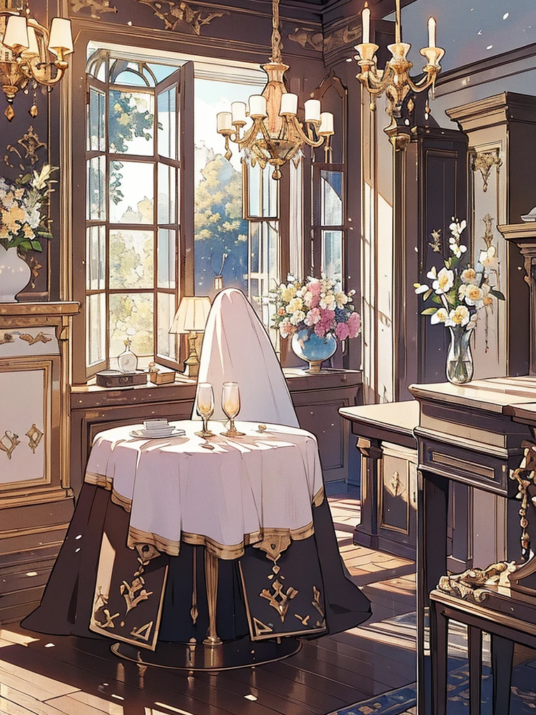 (((Masterpiece))), (((Beautiful Light))), a dining table next to a grand piano in a wooden house with a chandelier, no humans, table, chair, window, flower, scenery, indoors, lamp, vase