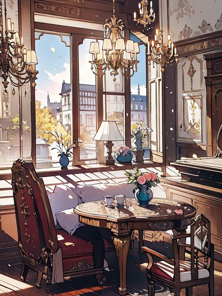 (((Masterpiece))), (((Beautiful Light))), a dining table next to a grand piano in a wooden house with a chandelier, no humans, table, chair, window, flower, scenery, indoors, lamp, vase