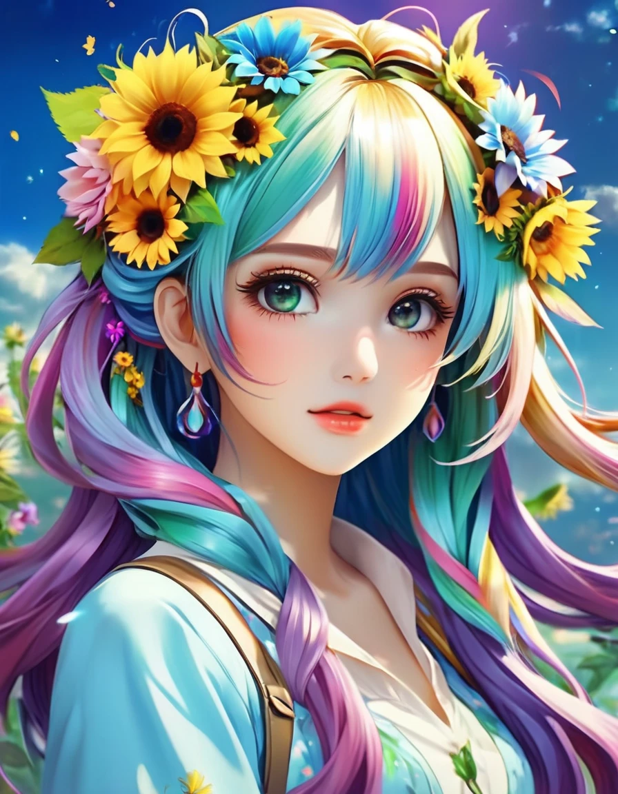 Una niña con el pelo de colores y girasoles en el pelo, estilo anime 4k, detailed arte animado digital, fondo de pantalla de arte anime 4k, fondo de pantalla de arte anime 4k, arte animado digital, fondo de pantalla animado 4k, fondo de pantalla animado 4k, Hermosa chica anime girasol, Arte digital estilo anime, ilustraciones de fantasía de anime, estilo de arte de fantasía, Arte detallado de alta calidad 8k