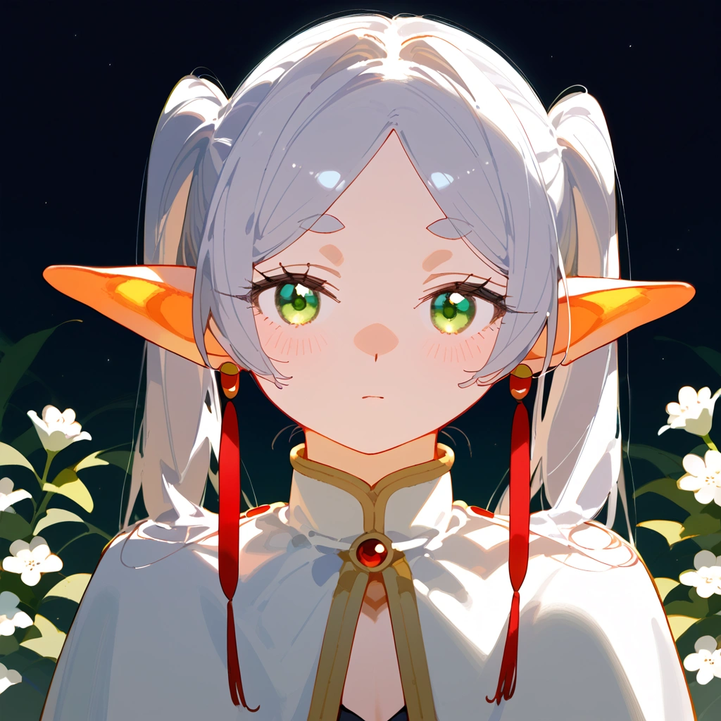 anime artwork, score_9, score_8_up, score_7_up, score_6_up, score_5_up, score_4_up,frieren, 1girl, green eyes, grey hair, twintails, pointy ears, eyebrows, earrings \\\\\\ floox style \\\\\ ,capelet,penis covering her eyes
