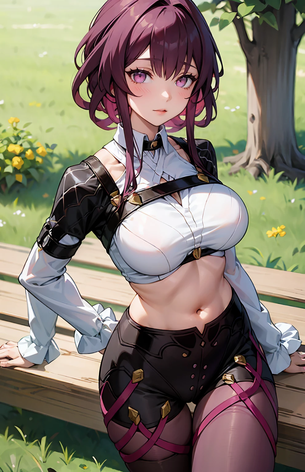 Anime girl, 3D art, standing (stand), 1 girl (solo), hourglass figure, looking at viewer, shy face, blush face, short hair, purple hair, purple eyes, park (trees, grass, bench), wearing a black lace bra, wearing a black lace lingerie, wearing a usual black tights, wearing a usual black garter belt, ultra resolution, high detailed, a Head with good anatomy, a body with good anatomy, a hands with good anatomy, a legs with good anatomy, well drawn navel, open navel (visible navel), full body view, visible legs, big size chest (big size boobs),