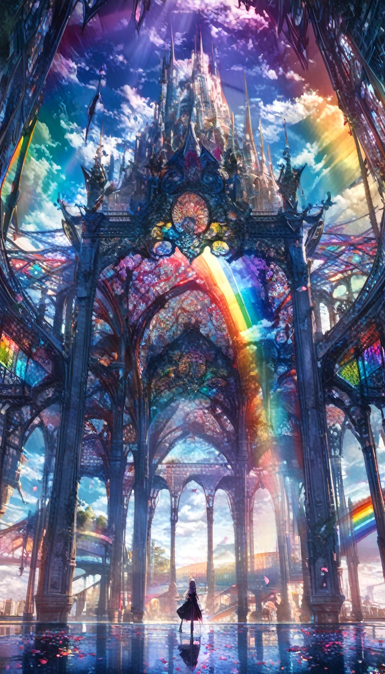 la plus haute qualité, Super qualité, 16k, incroyablement absurde, très détaillé, délicat et dynamique, Un mystérieux, gigantesque structure artistique faite de cadre chromé et de verre, après la pluie, la lumière du soleil brille à travers les interstices des nuages, Le verre reflète les couleurs de l&#39;arc-en-ciel、L&#39;analyseur s&#39;affiche, De nombreux pétales aux couleurs de l&#39;arc-en-ciel tombent, l&#39;herbe est couverte de brume, Créez des effets d&#39;image étonnants, casser (Monochromes, beauté dansante, Expression sensuelle, Tenue d&#39;astrologue gothique), Pointez votre doigt vers la caméra, Assis sur une chaise de style chinois, Au bureau, Lecture de cartes de tarot,