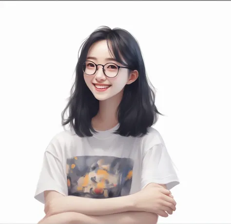 A girl，Black hair，wear glasses，Smile，White T-shirt，portrait，Q version，cute。