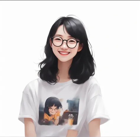 A girl，Black hair，wear glasses，Smile，White T-shirt，portrait，Q version，cute。