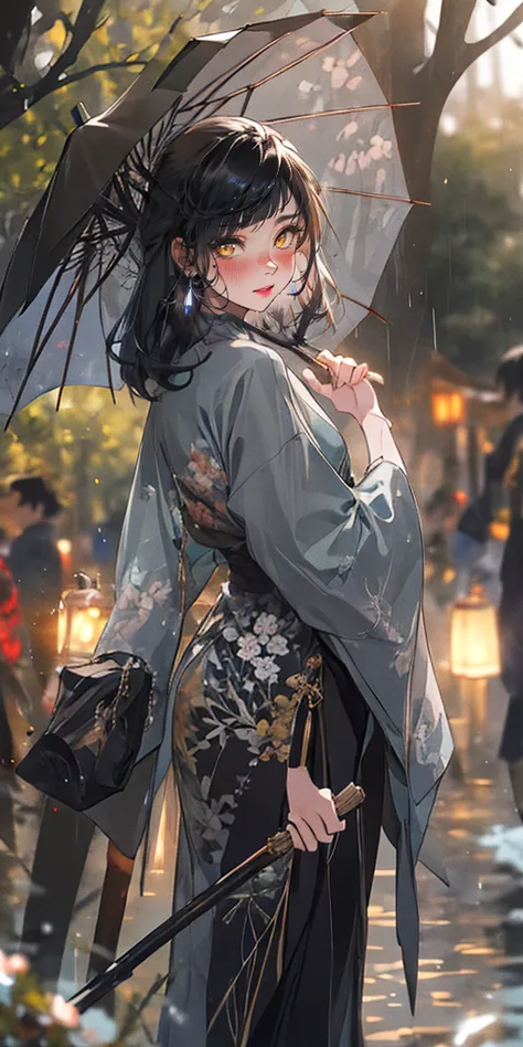 (black hair:1.4), black hair, long hair, browneyes, Chinese_grey_clothes, nature, 1girl, outdoors, standing, hold_an_umbrella in...