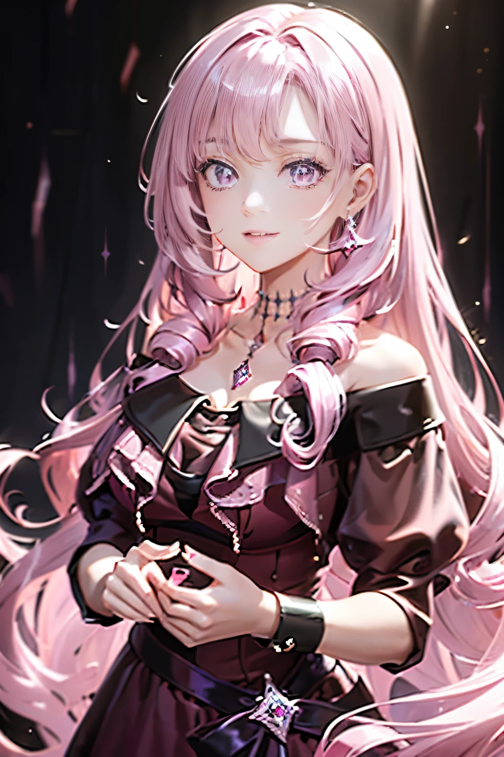 Masterpiece, best quality, extra detail, (beautiful girl), (light pink rolling hair), (dark red and black gorgeous dresany jewelry), sharp light pink eyes, dark smile, jewelry’s rain, shiny, brightly, dramatic lighting