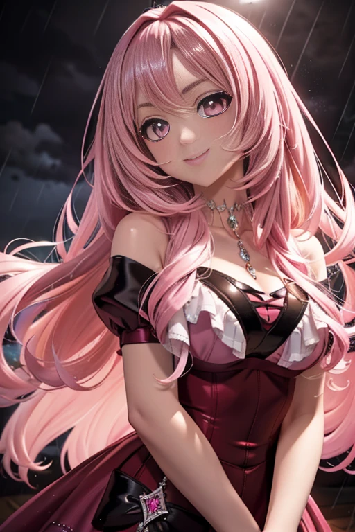 Masterpiece, best quality, extra detail, (beautiful girl), (light pink rolling hair), (dark red and black gorgeous dresany jewelry), sharp light pink eyes, dark smile, jewelry’s rain, shiny, brightly, dramatic lighting