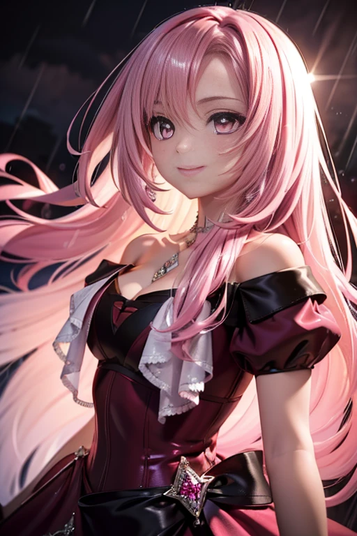 Masterpiece, best quality, extra detail, (beautiful girl), (light pink rolling hair), (dark red and black gorgeous dresany jewelry), sharp light pink eyes, dark smile, jewelry’s rain, shiny, brightly, dramatic lighting