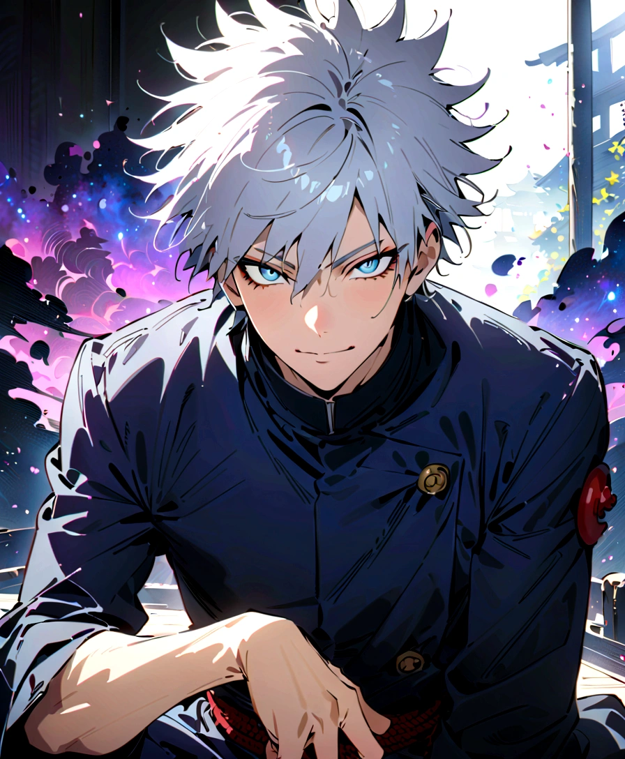 (masterpiece:1.3),(Highest quality:1.4),(Very detailedな:1.5),High resolution,Very detailed,8K,(1 male,Gojo Satoru,JUJUTSU KAİSEN,Gray Hair)Gojo Satoru,Be confident々smile,Beautiful Blue Eyes、（The background is blue and purple space）