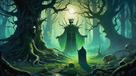 image of an old king standing in a dense, shadowy forest, holding a skull with a look of deep contemplation. The forest, ancient...