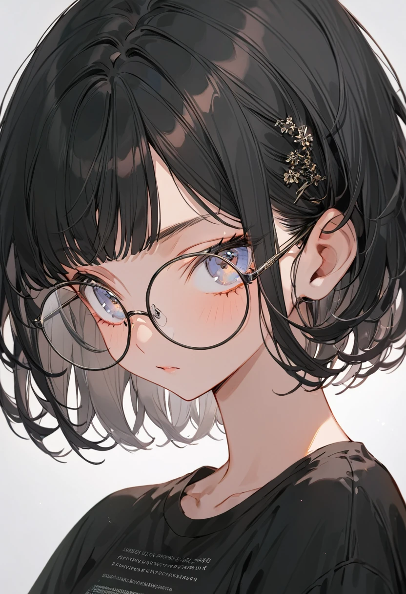 Boyish beautiful girl，Black very short hair,Black hair bangs, Wearing an oversized black T-shirt，Wearing round glasses，The background is filled with programming code text.，Close up of face，