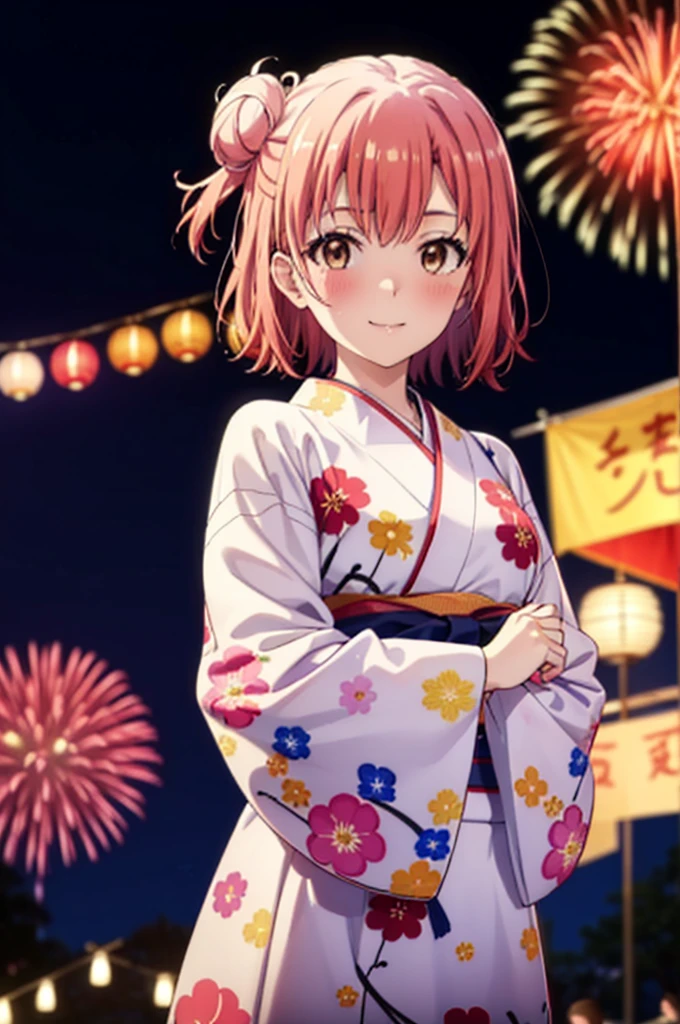 yuiyuigahama, yui yuigahama, short hair, (Brown eyes:1.5), (Pink Hair:1.2), smile,blush,Hair Bun,single Hair Bun, smile,Flower Hair Ornaments,Pink kimono,Thick sleeves,Pink long skirt,Japanese Festivals,Summer festival food stalls,Red lantern,Fireworks in the night sky、Fireworks,The place is a fireworks display,Time is night,whole bodyがイラストに入るように
break outdoors, shrine,
break looking at viewer, whole body, (Cowboy Shot:1. 5)
break (masterpiece:1.2), Highest quality, High resolution, unity 8k wallpaper, (figure:0.8), (Beautiful attention to detail:1.6), Highly detailed face, Perfect lighting, Highly detailed CG, (Perfect hands, Perfect Anatomy),