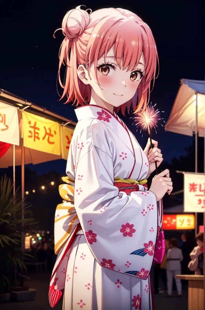 yuiyuigahama, yui yuigahama, short hair, (Brown eyes:1.5), (Pink Hair:1.2), smile,blush,Hair Bun,single Hair Bun, smile,Flower Hair Ornaments,Pink kimono,Thick sleeves,Pink long skirt,Japanese Festivals,Summer festival food stalls,Red lantern,Fireworks in the night sky、Fireworks,The place is a fireworks display,Time is night,whole bodyがイラストに入るように
break outdoors, shrine,
break looking at viewer, whole body, (Cowboy Shot:1. 5)
break (masterpiece:1.2), Highest quality, High resolution, unity 8k wallpaper, (figure:0.8), (Beautiful attention to detail:1.6), Highly detailed face, Perfect lighting, Highly detailed CG, (Perfect hands, Perfect Anatomy),