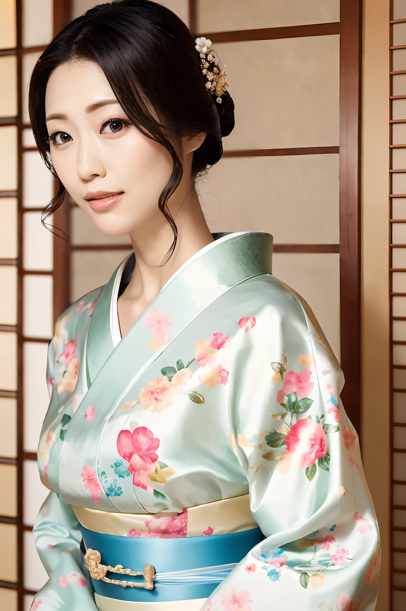 (Highest quality、Tabletop、8K、Best image quality、Award-winning works)、(1 Beautiful Mature Woman:1.1)、(Innkeeper:1.1)、(Elegant floral kimono:1.2)、(A kimono with a perfect and accurate collar:1.2)、Perfect Mature Woman Portrait Photo、Glowing Skin、Standing Elegantly、(Blurred elegant and elaborate perfect Japanese style room background:1.3)、(The most natural and perfect tidy Japanese-style room background:1.2)、(Elegant and luxurious Japanese style room background:1.1)、Glowing White Skin、Very white skin、(Accentuate your body lines:1.1)、(The most elegant posture:1.2)、(Large Breasts:1.2)