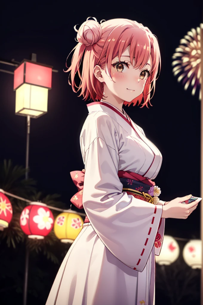 yuiyuigahama, yui yuigahama, short hair, (Brown eyes:1.5), (Pink Hair:1.2), smile,blush,Hair Bun,single Hair Bun, smile,Flower Hair Ornaments,Big Breasts,Pink kimono,Thick sleeves,Pink long skirt,Japanese Festivals,Summer festival food stalls,Red lantern,Fireworks in the night sky、Fireworks,The place is a fireworks display,Time is night,whole bodyがイラストに入るように
break outdoors, shrine,
break looking at viewer, whole body, (Cowboy Shot:1. 5)
break (masterpiece:1.2), Highest quality, High resolution, unity 8k wallpaper, (figure:0.8), (Beautiful attention to detail:1.6), Highly detailed face, Perfect lighting, Highly detailed CG, (Perfect hands, Perfect Anatomy),