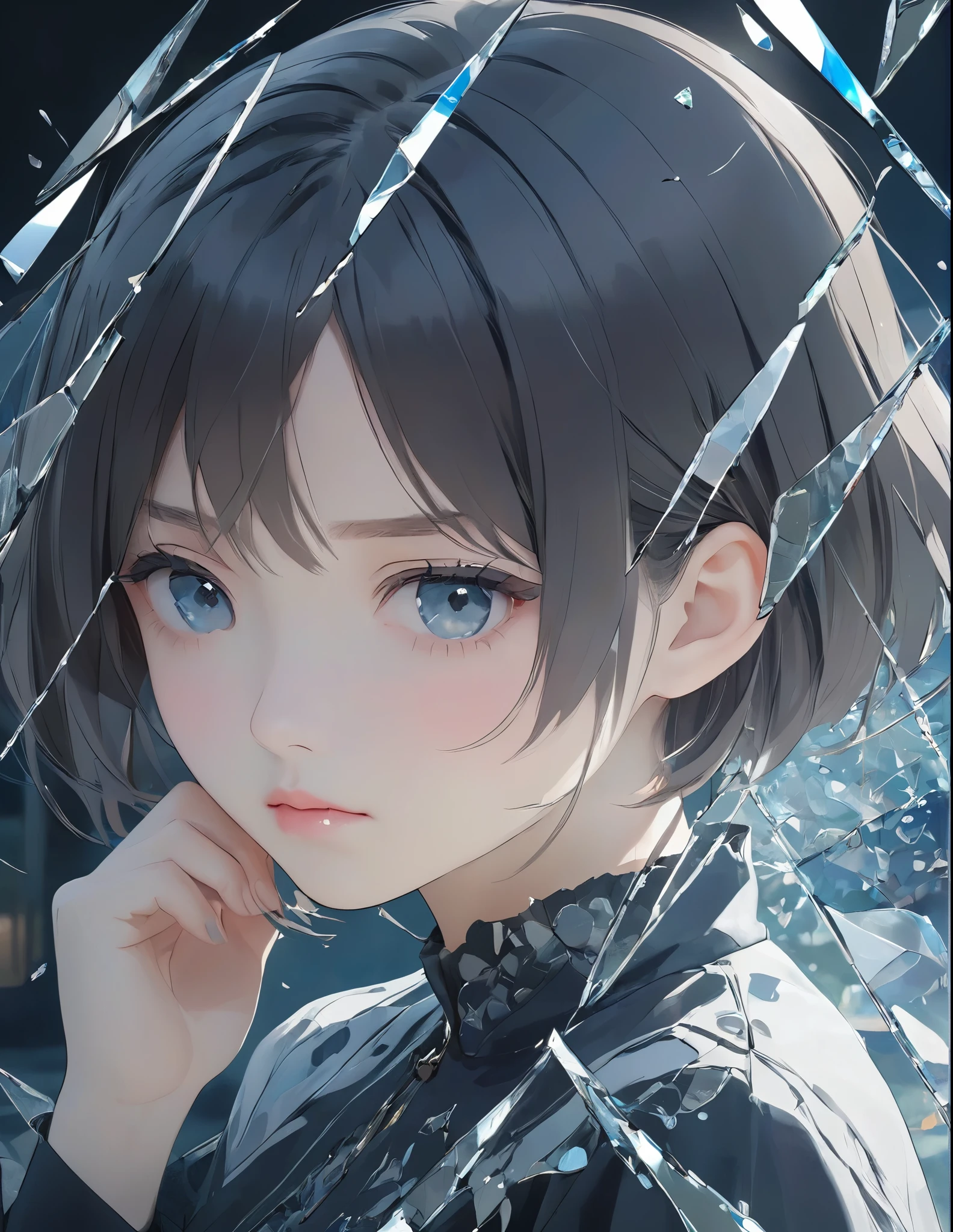 (anime style:1.4),柔らかい絵のタッチ、超High resolution, Attention to detail, high quality, High resolution, 最high quality, 4K, 8K,posters、artwork、Works by famous artists、Stylish and cool piece、Girl reflected in broken glass、Picture from the front、face、Put your right hand on your cheek、Sad expression、Semi-long hair、Cute Girls