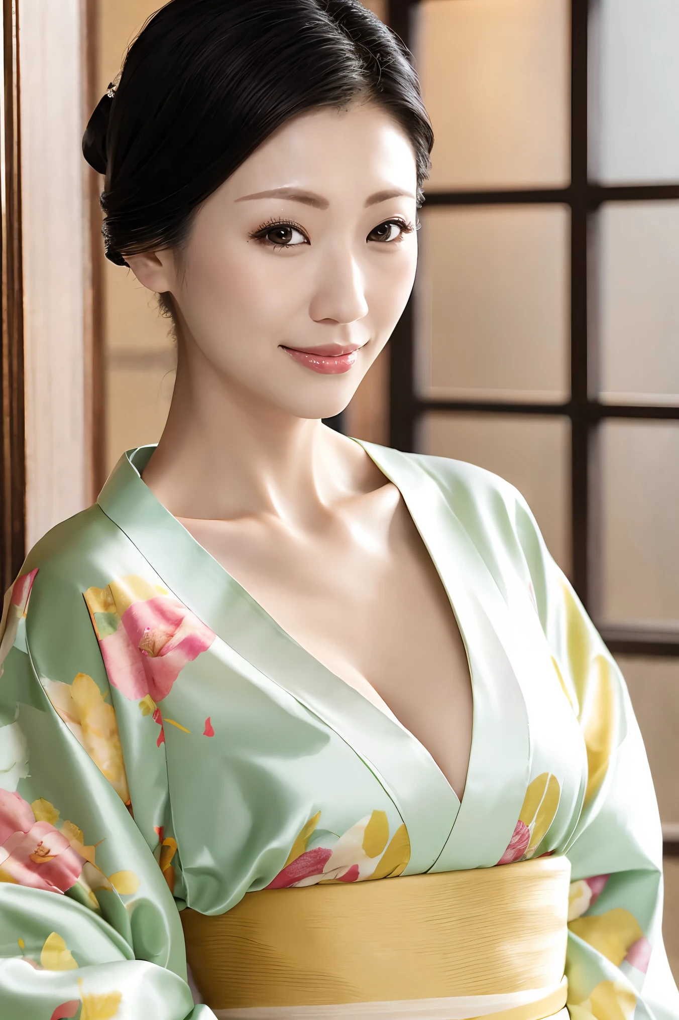 (Highest quality、Tabletop、8K、Best image quality、Award-winning works)、(1 Beautiful Mature Woman:1.1)、(Innkeeper:1.1)、(Elegant floral kimono:1.2)、(The perfect V-neck kimono:1.2)、Perfect Mature Woman Portrait Photo、Glowing Skin、Standing Elegantly、Face close-up、(Blurred elegant luxury hotel background:1.3)、Glowing White Skin、Very white skin、(Accentuate your body lines:1.1)、The most elegant posture、(Cleavage:1.2)