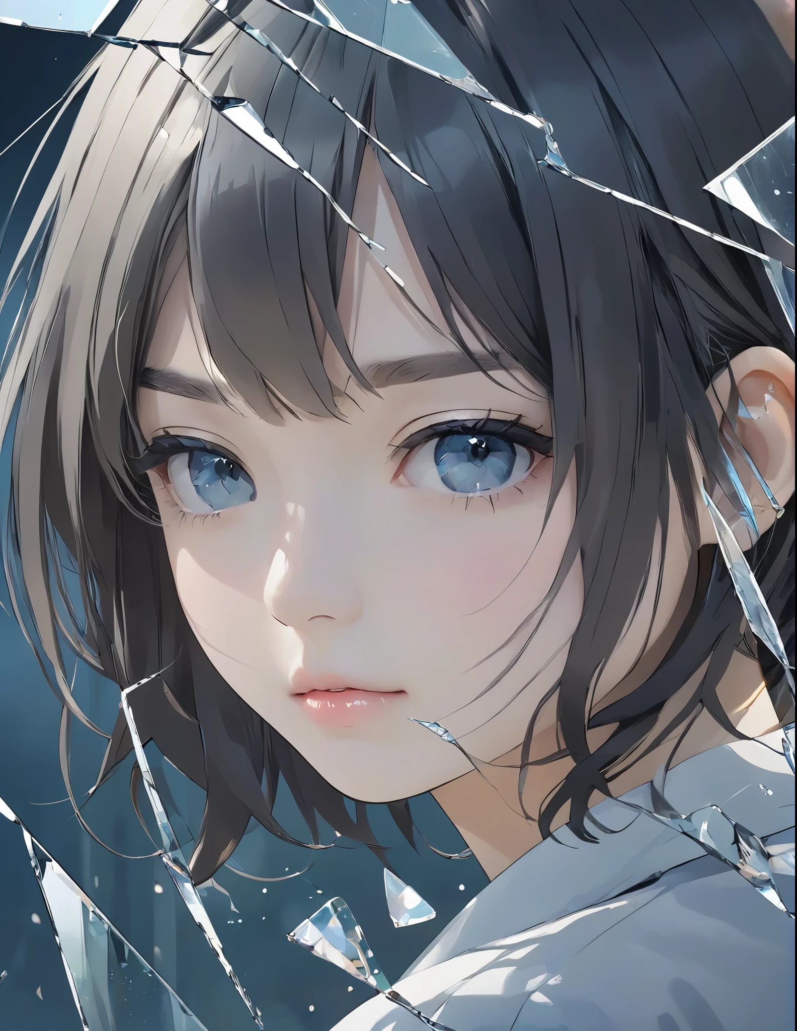 (anime style:1.4),柔らかい絵のタッチ、超High resolution, Attention to detail, high quality, High resolution, 最high quality, 4K, 8K,posters、artwork、Works by famous artists、Stylish and cool piece、Girl reflected in broken glass、Picture from the front、face、Put your right hand on your cheek、Sad expression、Semi-long hair、Cute Girls