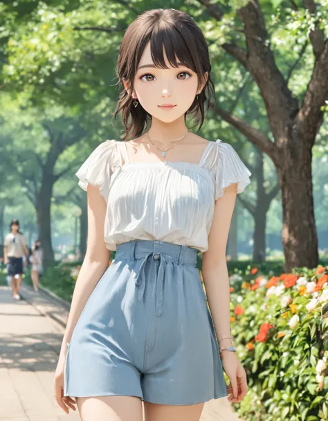 (best quality:1.2), 1girl, Ueno Park, blouse, summer, cowboy shot, shoot from front