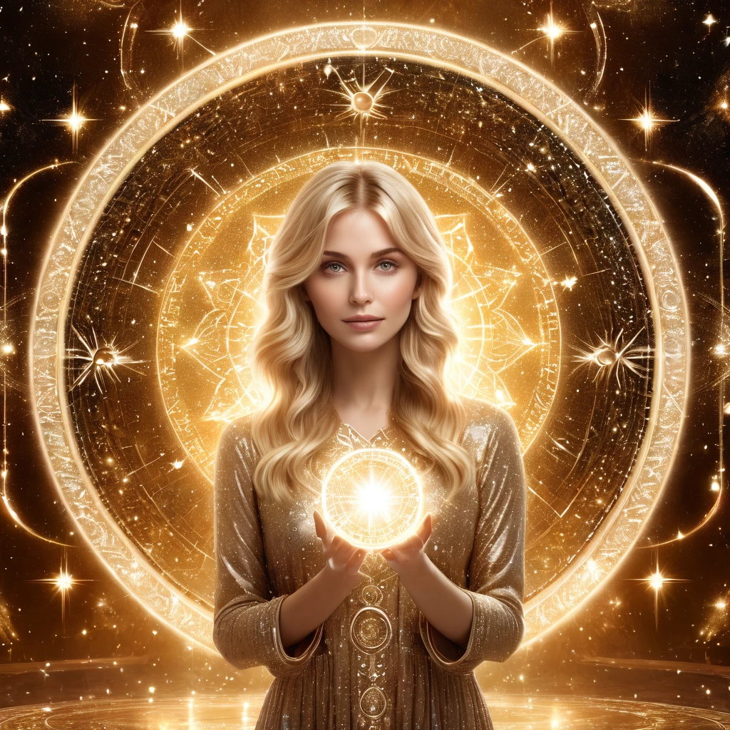 Astrologer, beckoning, blonde hair, bangs, 1girl, long hair, looking at viewer, 3D image of astrological horoscope circle on both palms, best quality, masterpiece, high quality, extremely detailed CG unity 8k wallpaper, delicate background, luminous particles, complex details, Sacred geometry,