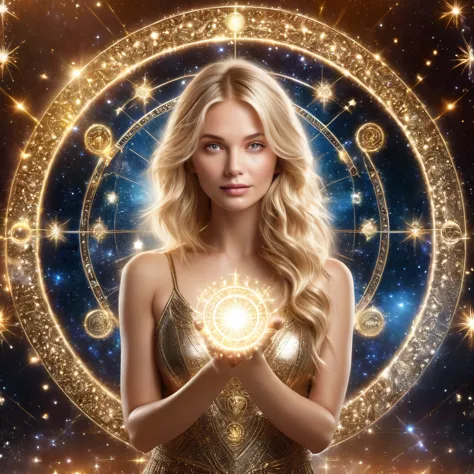 Astrologer, beckoning, blonde hair, bangs, 1girl, long hair, looking at viewer, 3D image of astrological horoscope circle on bot...