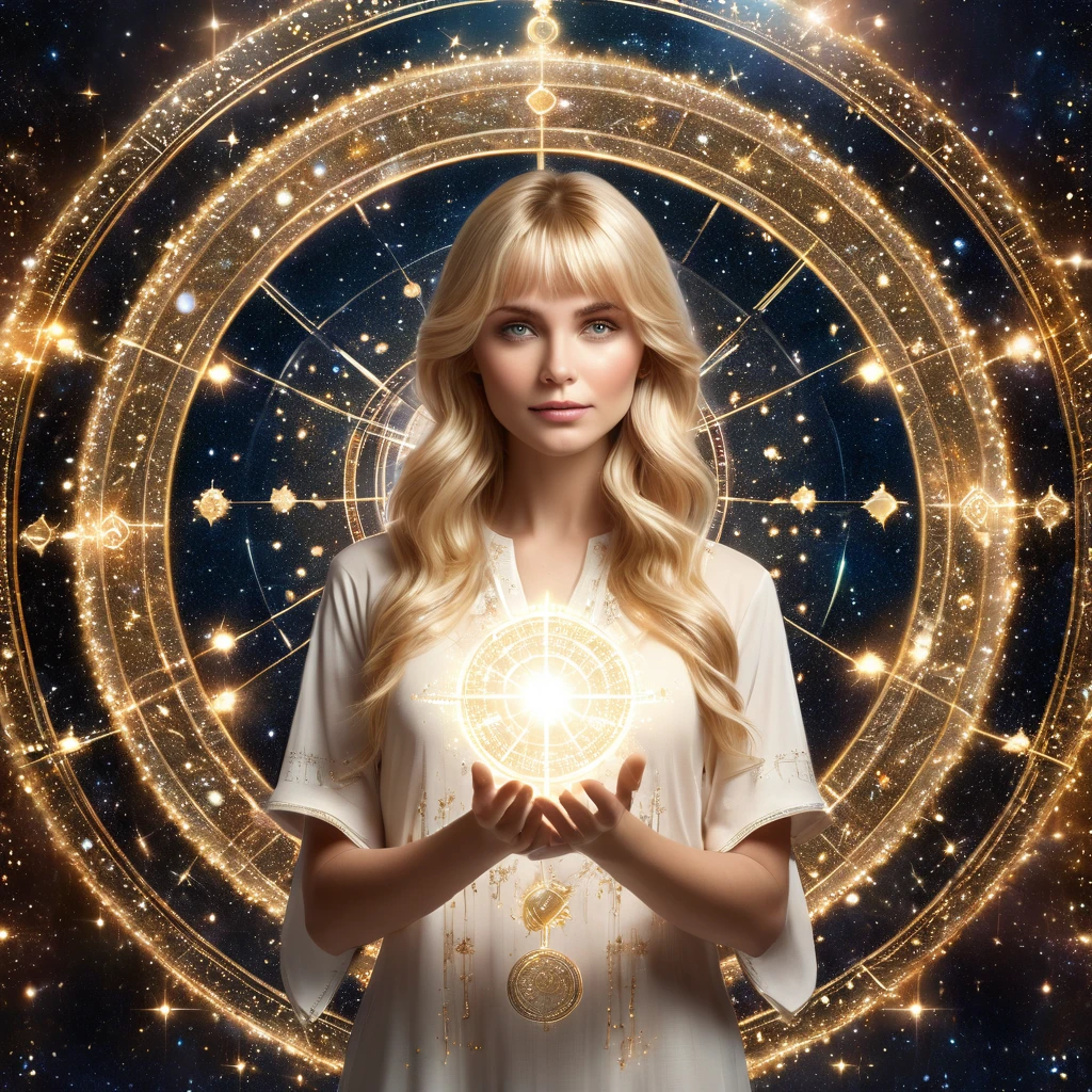 Astrologue, faisant signe, cheveux blond, frange, 1fille, cheveux longs, regarder le spectateur, Image 3D du cercle de l&#39;horoscope astrologique sur les deux paumes, Meilleure qualité, chef-d&#39;œuvre, Haute qualité, fond d'écran extrêmement détaillé CG unity 8k, Arrière-plan délicat, particules lumineuses, Détails complexes, géométrie sacrée,