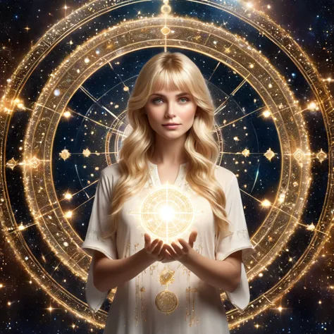 Astrologer, beckoning, blonde hair, bangs, 1girl, long hair, looking at viewer, 3D image of astrological horoscope circle on bot...