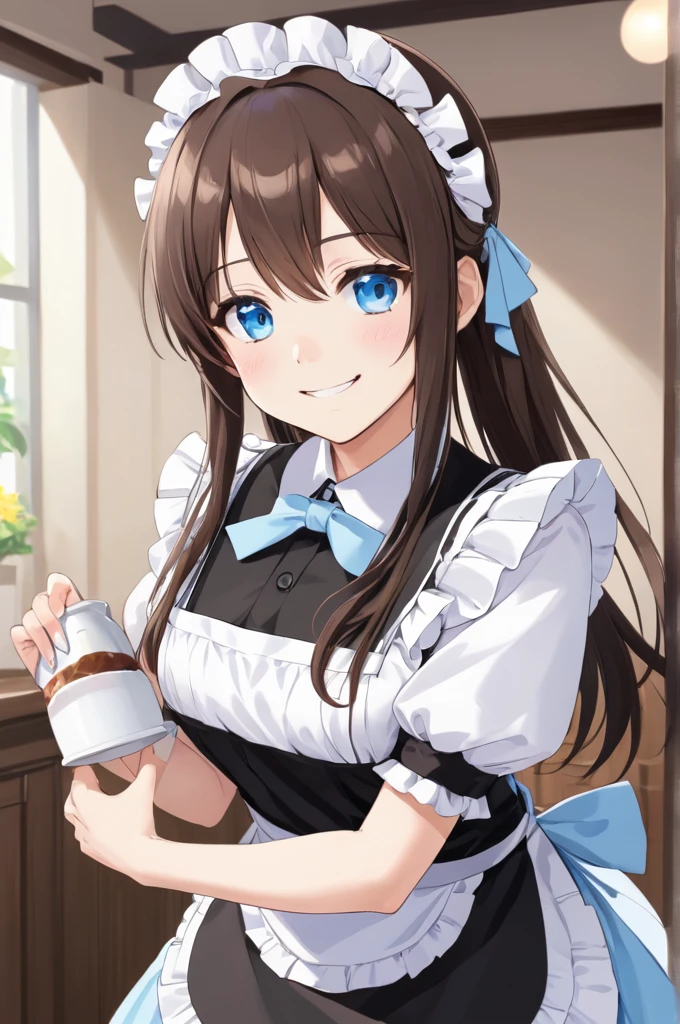 Sakurazaka Shizuku　Black brown hair　Long Hair　Light blue eyes　　High quality　smile　Maid outfit　maid Cafe　Maid&#39;s Headband　Large light blue hair ribbon　Wrist scrunchies　Light blue scrunchie