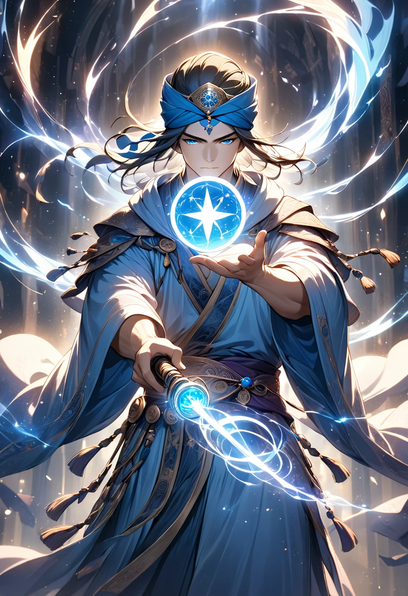 Mysterious ninja standing sideways holding a blue glowing star in his hand ( perfect anatomy ) Flowing robe, A man wearing a beige hooded robe with swirling starry magic energy(flying robe))Man mysterious ninja sideways, face partially obscured by turban or mask, holding a blue glowing star in hand with blue fire power on the side, background is a huge star shaped blue light magic circle,

              Mystic Fantasy Art Mystical Blue Light Runes Hovering Around  (cinematic), meticulously made, Magical power, A detailed and intricate masterpiece of magic circles, Lighting effects Highly detailed fantasy magic concept art Highly detailed HD cinematic magic fantasy Gorgeous digital art